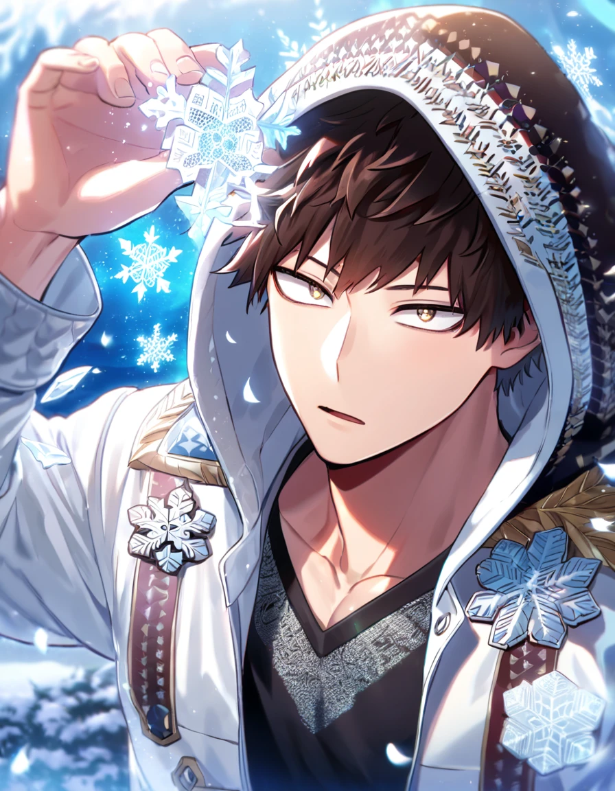 Ultra detailed, Highres, absurdres, HDR, Chisaki Kai, Overhaul, dark brown hair, short hair, expressive golden eyes, white coat with patterns with a hoddie, Boku No Hero Academia, white flowers, winter, ice, snowflakes, petals, handsome, sexy man, solo, very detailed eyes and face, ice butterflies, master piece, toned chest, glittering, fantasy, black shirt