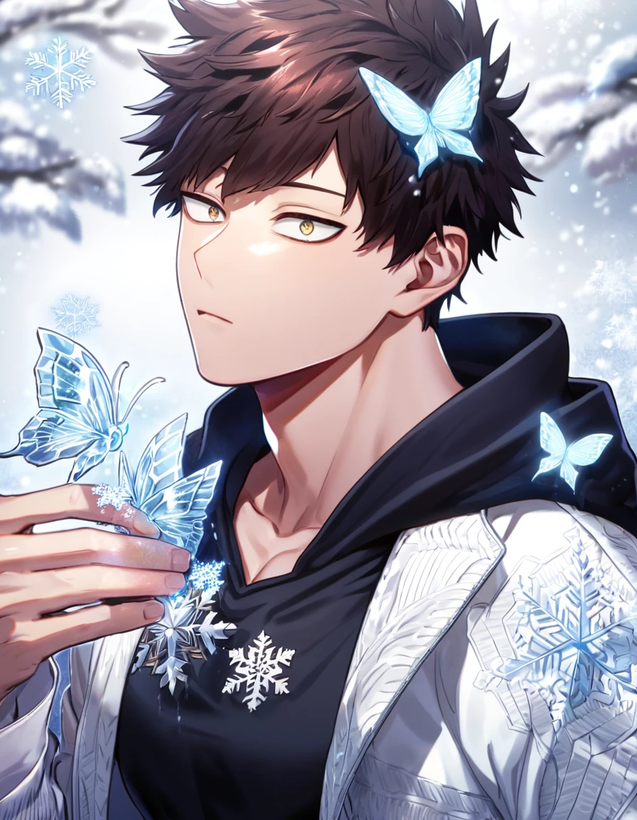 Ultra detailed, Highres, absurdres, HDR, Chisaki Kai, Overhaul, dark brown hair, short hair, expressive golden eyes, white coat with patterns with a hoddie, Boku No Hero Academia, white flowers, winter, ice, snowflakes, petals, handsome, sexy man, solo, very detailed eyes and face, ice butterflies, master piece, toned chest, glittering, fantasy, black shirt