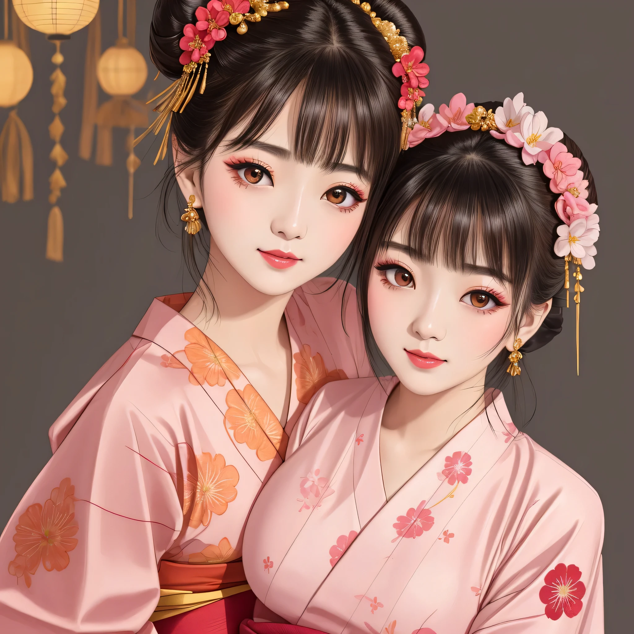 Each has a different expression２People and sisters、(２ girls）、｟Dancing traditional arts with grace)、((Big Breasts、Small Face、Not exposed))、highest quality、masterpiece、（Black Hair、Bun Hair）、Brown Eyes、｟Wide angle、Angle from above the waist、Pause on the magazine cover、Their gazes are different, gazing into the distance｠、(８K High Quality、masterpiece、High resolution、Realistic and beautiful light and shadow、(highest quality)、(High Resolution)、(Very delicate and beautiful)、(Beautiful 8k face)、(With a smile、Beautiful eyes)、(Clear skin)、(Soft hair)、(８Head to Body)、(A Japanese style yukata kimono with red, pink and orange floral patterns on a white background, interspersed with gold powder、Wearing a yukata２Beautiful Japanese girls)、((Tanabata decoration background))、((Small Face))、(arms up)、Thin and small nose、（Red lipstick）、（Make your cheeks red）、（Glossy skin）、((Ink painting style))、Very thin eyebrows、Overall ultra-high image quality、（She is wearing maiko-style makeup.）、Whitening、Long and beautiful eyelashes、Glowing Skin、（Red cheeks）,Straight nose、masterpiece、highest quality、whole body、 Eyebrows visible through hair、Bun Hair、Grin、Gal、Gal、Viewer&#39;s Eyes、Plaid、Stylish、woman、fine、Pause、
Waiting to start 
