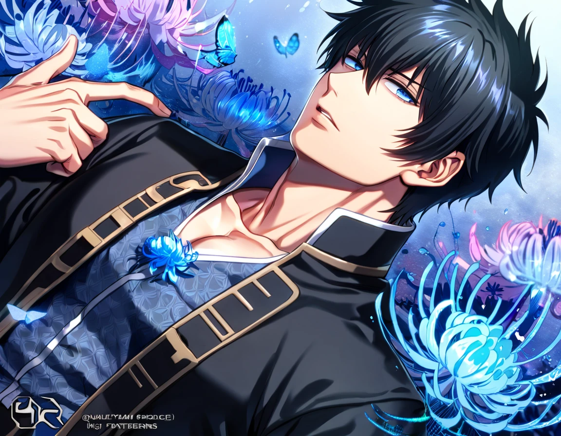 absurdres, highres, ultra detailed, HDR, master piece, best quality, Hijikata Toshiro, black hair, expressive dark blue eyes, Gintama, solo, ???? man, handsome, toned ?????, black clothes, patterns, magical, fantasy, blue background, blue spider lilies, shining, blue petals, blue glittering butterflies, blue water