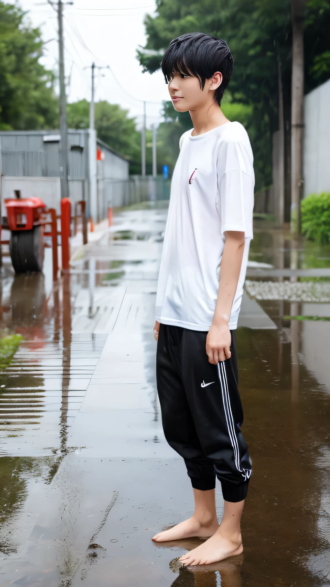 four , Japanese, naked, gay, boy, rain, whole body, penis, SWEAT, wet t-shirt, STANDING