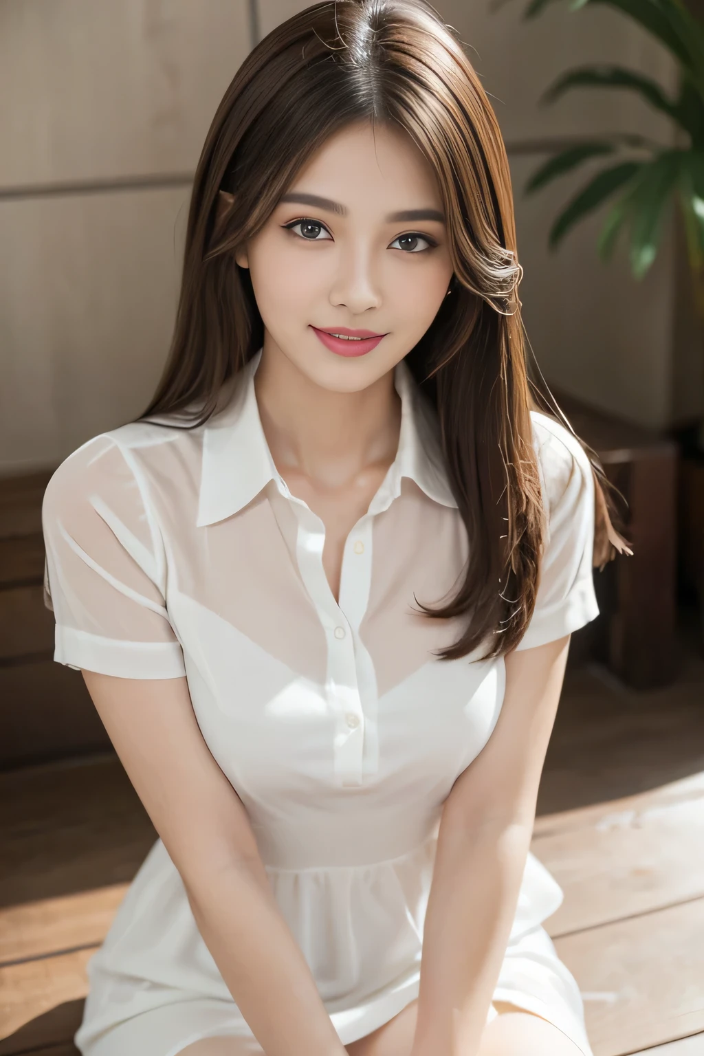 (RAW Photos), (Realistic), (masterpiece), (highest quality), High resolution, 8k, (Intricate details), (Volumetric Light), Portraiture, woman,Age 25, Medium Hair, Straight hair, Mid-chest, Layered Hair, Brown Hair, Very beautiful eyes, Source order, Very thin eyebrows, Very fine skin, Very beautiful mouth, Very nice nose, Cute like an idol, smile, (Thick lips), (Looking at the audience), (See-through pearl white collared dress shirt), Above the knee shot