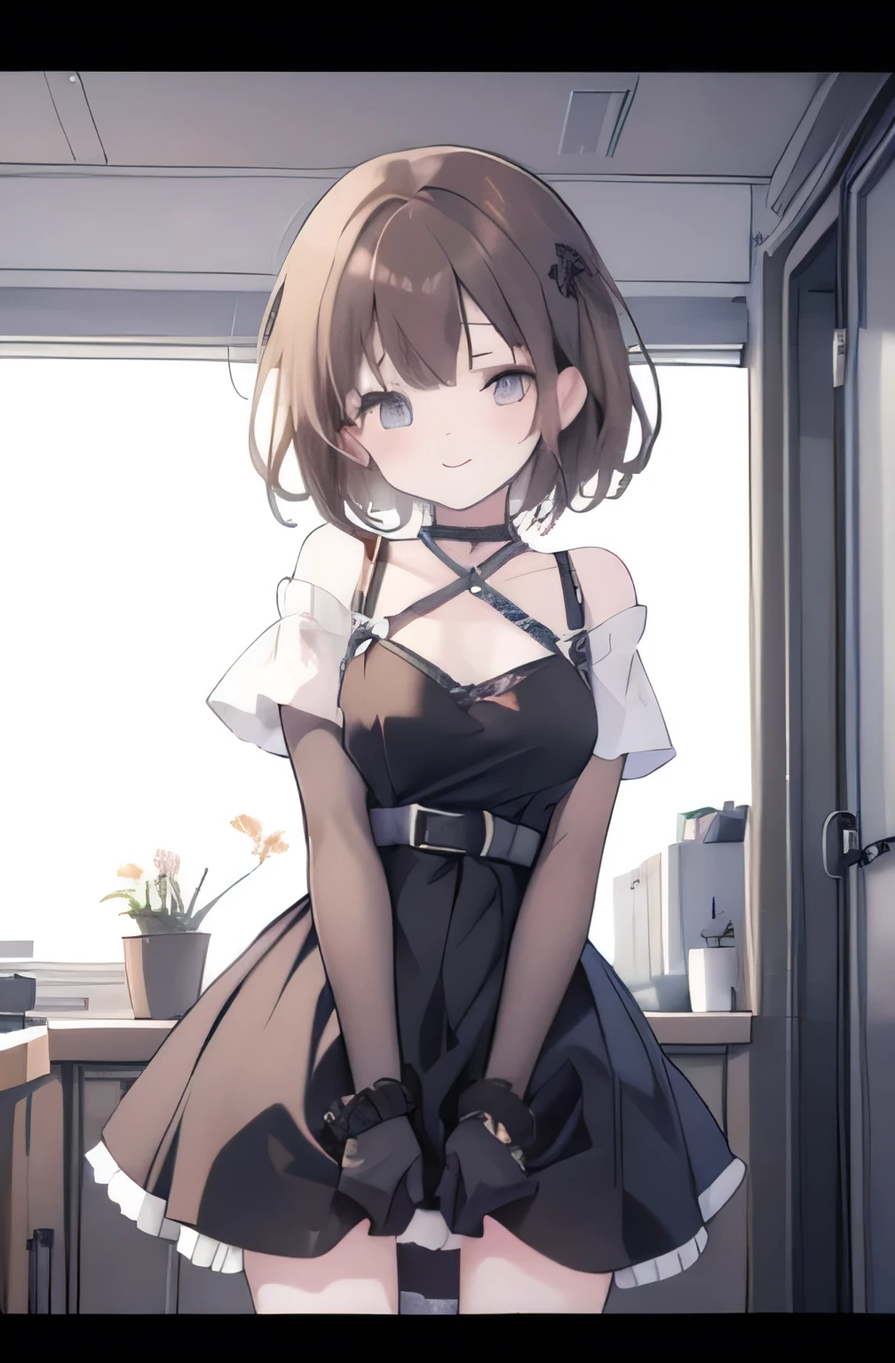 1girl, anime_coloring, black_eyes, black_gloves, brown_hair, choker, short_hair, smile, solo, style_parody, / ((sex)),