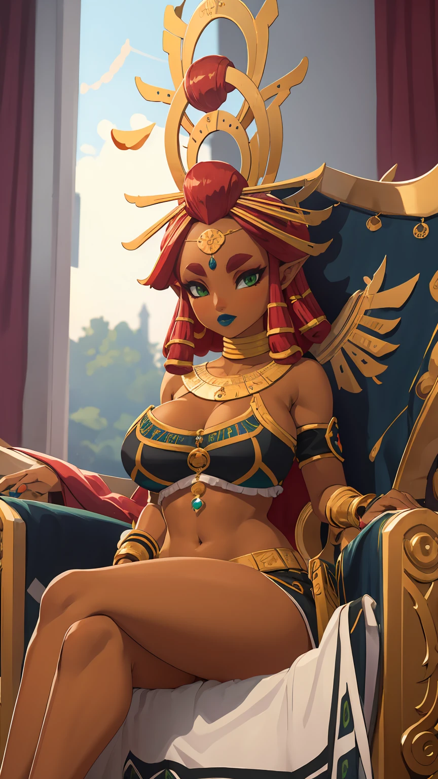 Big breasts, green eyes, dark blue lips, sitting on a throne, sexy legs, Riju