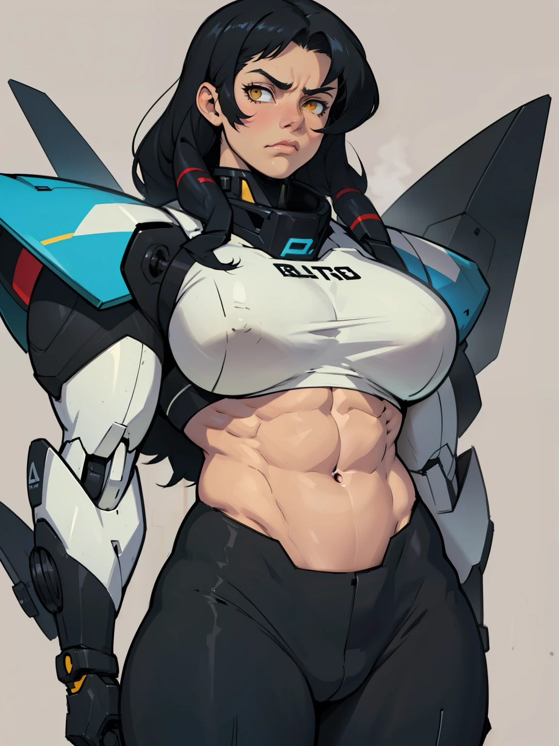 ((((muscular girl thick large breats toned body)))) sad frown girl black hair yellow eyes pale skin black mecha black mecha black mecha black mecha black mecha black mecha