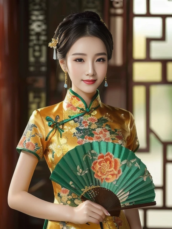 Asian woman in a yellow dress holding a green fan, Cheongsam, Chinese dress, Chinese style, traditional chinese clothing, traditional chinese, Chinese dress, with ancient Chinese clothes, traditional beauty, with ancient Chinese aesthetics, สวมChinese dressโบราณ, Wear a luxurious silk dress., Chinese woman, Chinese girl, Hanfu, สวมชุดCheongsamสีน้ำเงิน ผ้าไหมราคาแพงมีเครื่องประดับครบชุด,