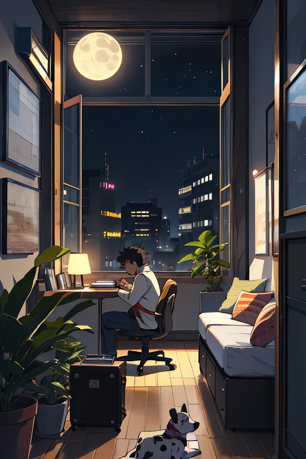 Uma cena estilo lofi anime. In the scene there is a pleasant study environment, com ventilador, folhas sobre a mesa, abajur. there is a puppy dalmatian on a cushion. There is a beige armchair. In the scene there must be a black Les Paul style electric guitar. In the window you can see the moon at night