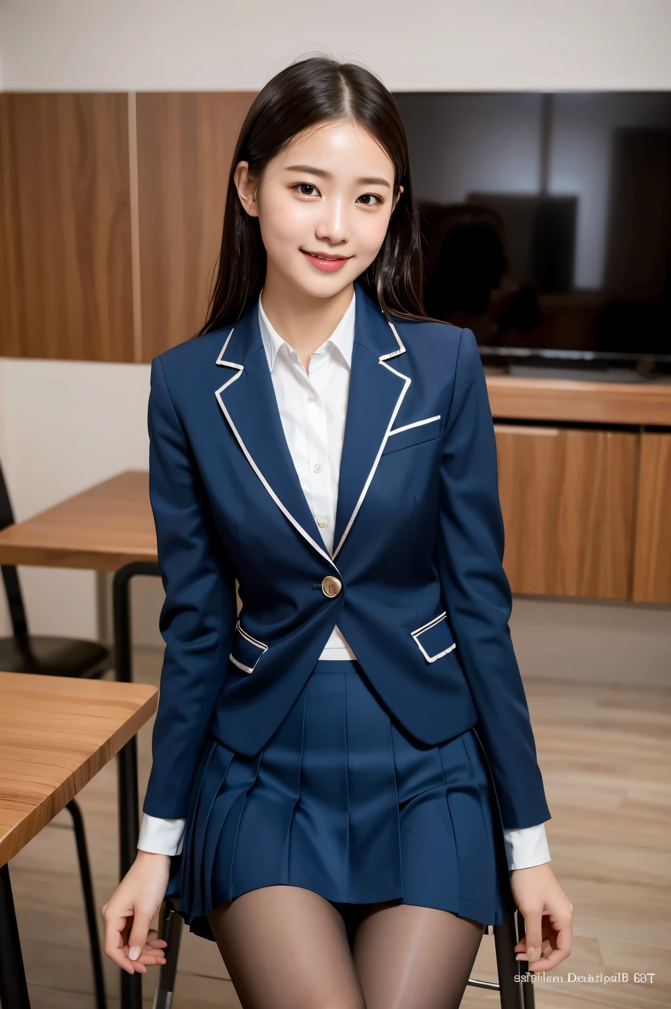(8k), (highest quality: 1.2), (Realistic), (Realistic: 1.37), Ultra-high resolution, 1 girl, cute, Shiny skin,Blushing,smile, Mouth closed, Beautiful details, Beautiful Nose, whole body, Wet Hair, Giant Dulcefo, pork,Navel exposed,University uniform,A simple blazer,Pleated skirt,Sit on a chair, Shiny Pantyhose