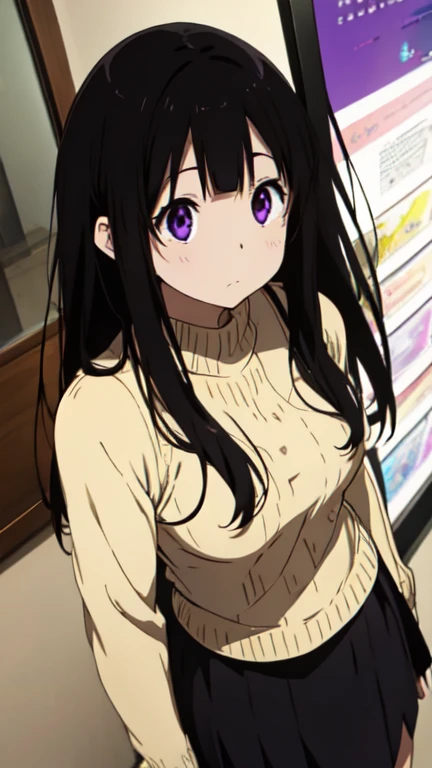 Chitanda El,Confused expression,Blonde Sweater,Black Skirt,Purple Eyes,Black Hair,long hair,
