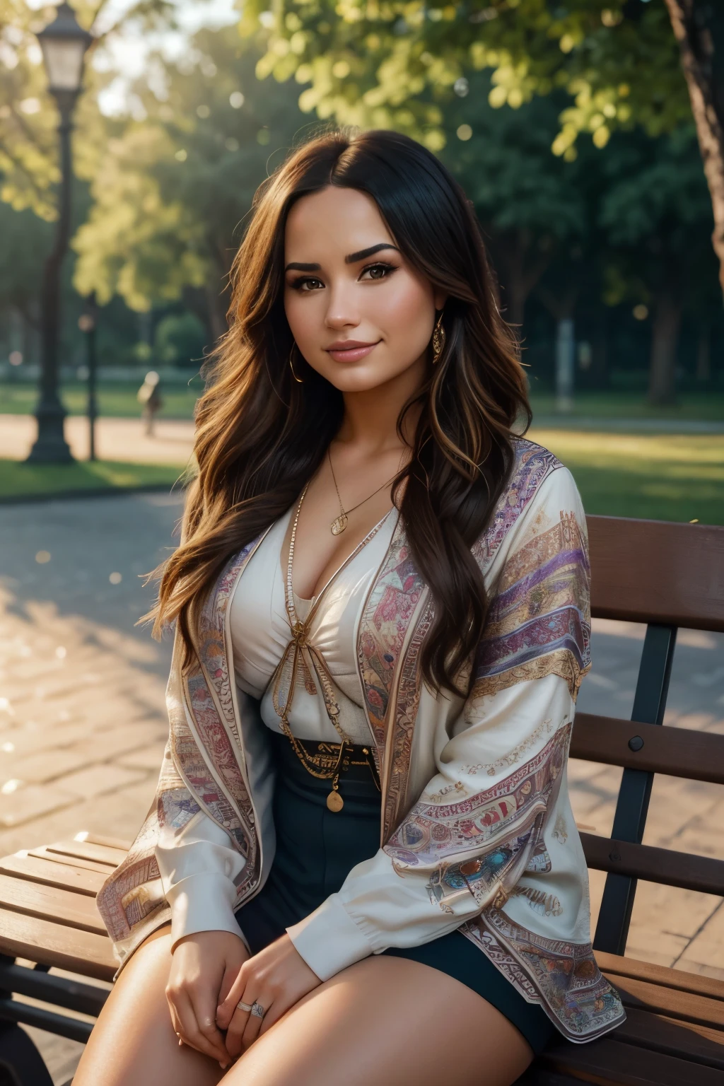 Demi Lovato in a park bench