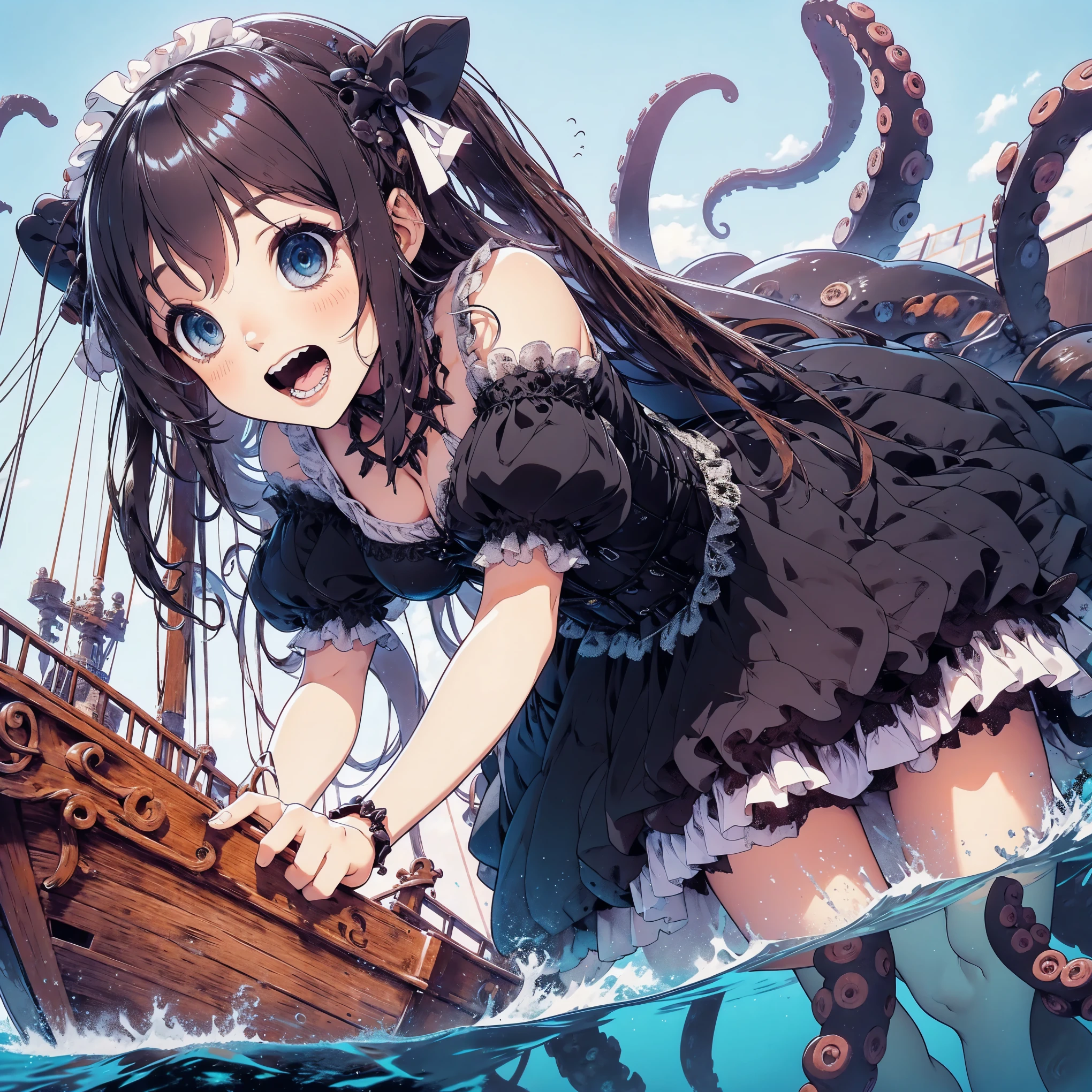 Giant girl leaning out of the sea. She wears a gothic dress. dress with ruffles. Innocent laughter.  Grab and sink the ship. Wooden boat. Tentacles extending from the sea. View from the ship.