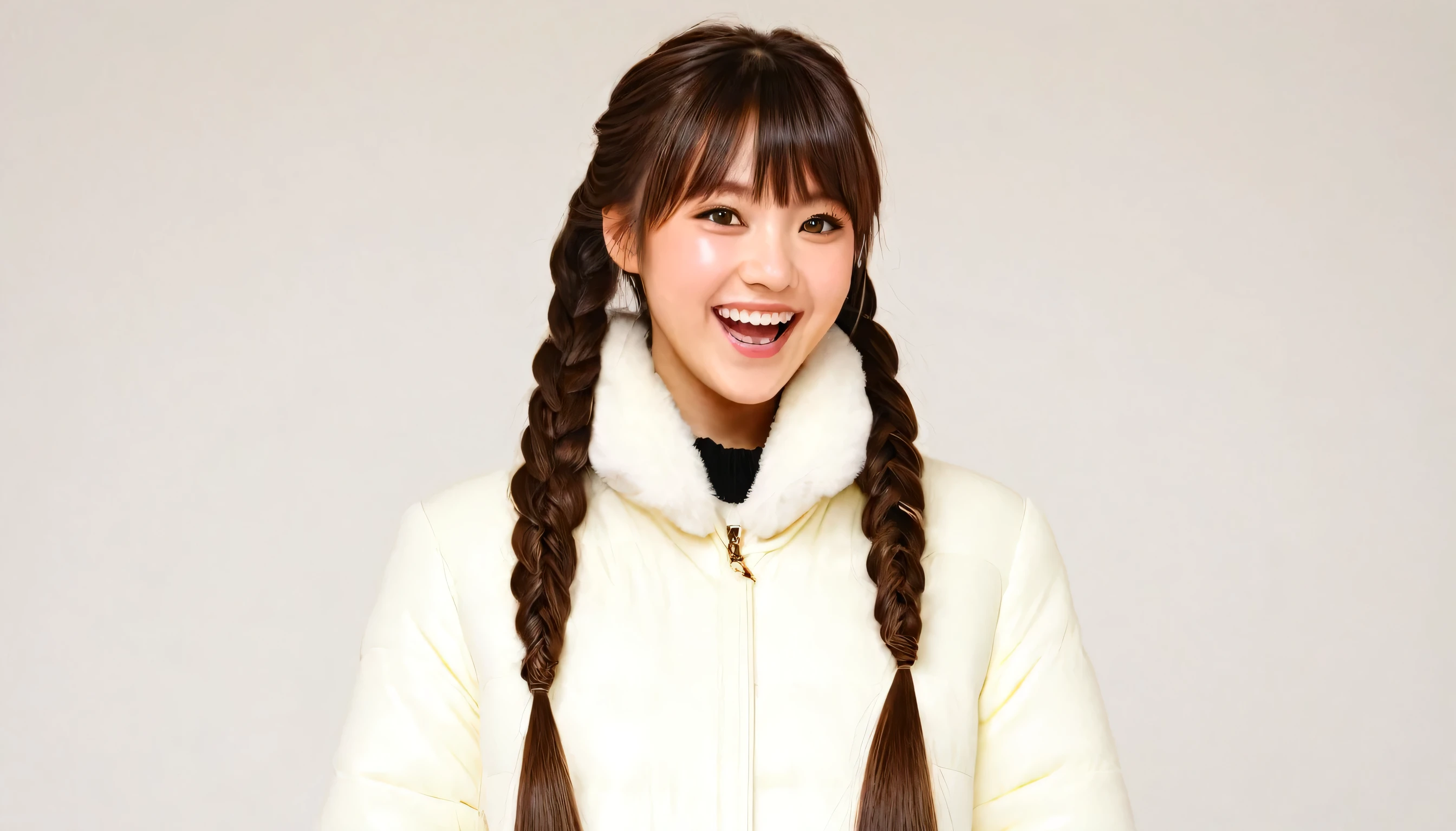 osaki amana, One girl, Have, gloines, Long Hair, One person in, White Background, fur Have, smile, Brown Hair, looking at iniewer, Yellow Eyes, Simple Background, Fur trim, Open your mouth, coat, blush, Winter clothes, Braiding, white coat, in, long sleeines, bangs, swept bangs, teeth