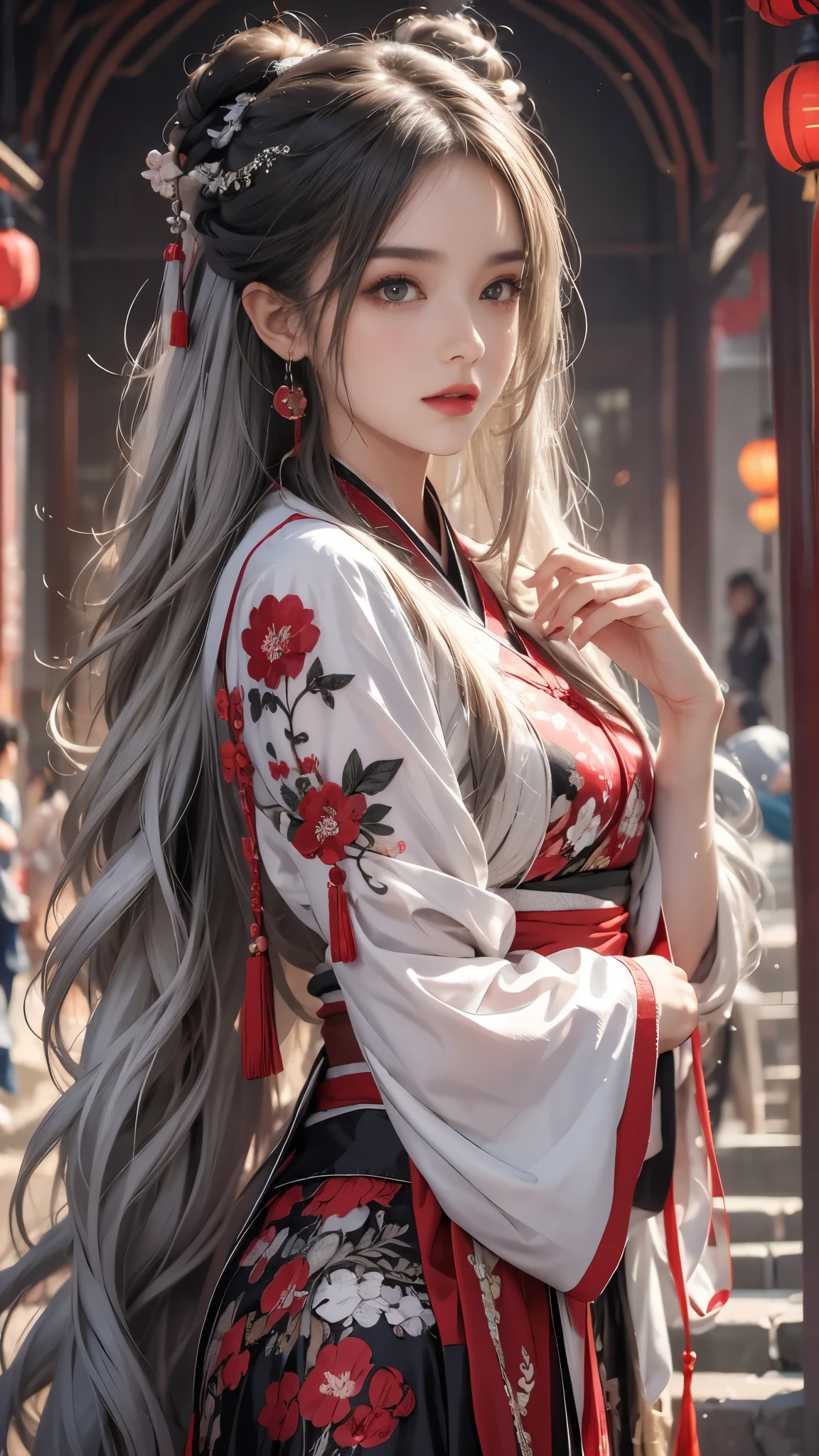 realistically, A high resolution, One woman, butt lift, pretty eyes, Long gray hair, eye socket, jewely, tattoo is, Hanfu, a beautiful woman in China, Red embroidered Hanfu