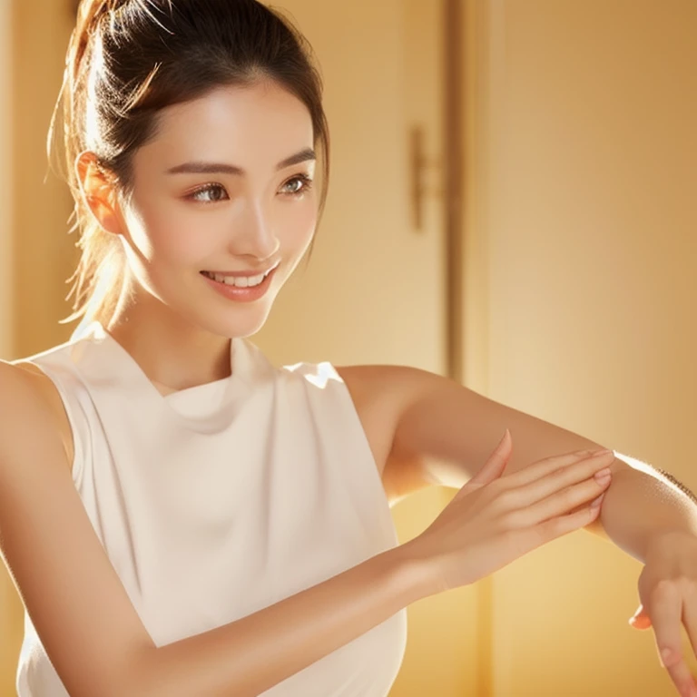 There is a woman stretching her arms in a bright room., Cleanse the skin of the face and body, Thin upper arms, Toned arms, graceful arms,, Spread your arms, Shiny skin, White and glowing skin, Young Asian Woman, soft bright skin, Elegant and refined, Beautiful Face, Smooth and healthy skin, Smooth, glowing skin