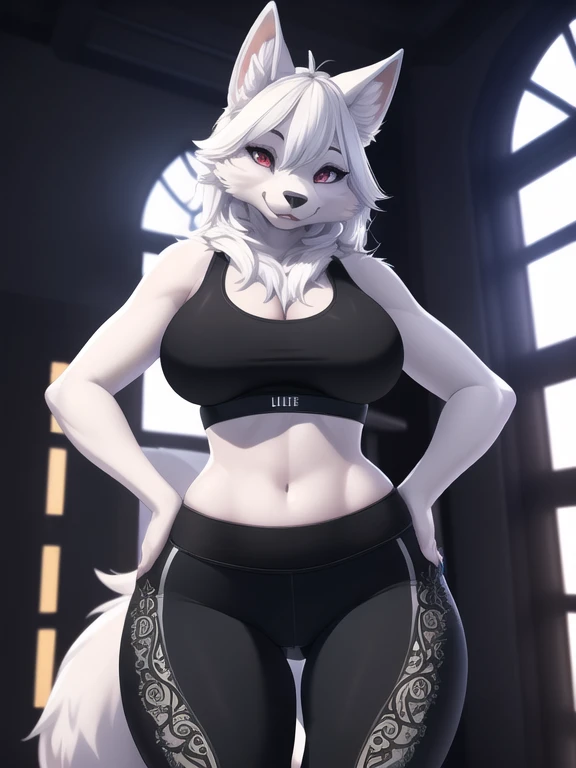 (best quality, highest quality, intricate, highres, 8k, anthropomorphic Sexy Pretty, furry, uploaded_on_e621:1.4), (furry:1.2), Female Wolf, White/Black fur, tail, colors elements on fur, ((medium breasts)), Wide hips, Narrow waist, clothed, destiny, (See-through Sports Bra and Spandex pants:1.2), standing, Hand on hips, Hips swaying, Sexy pose, very happy, beautiful Front view, pov, close-up, beautiful lights and shadows, ambient light, ultra-detailed fur, volumetric light, (extreme detailed eye's:1.4), she is saying hey there big boy
