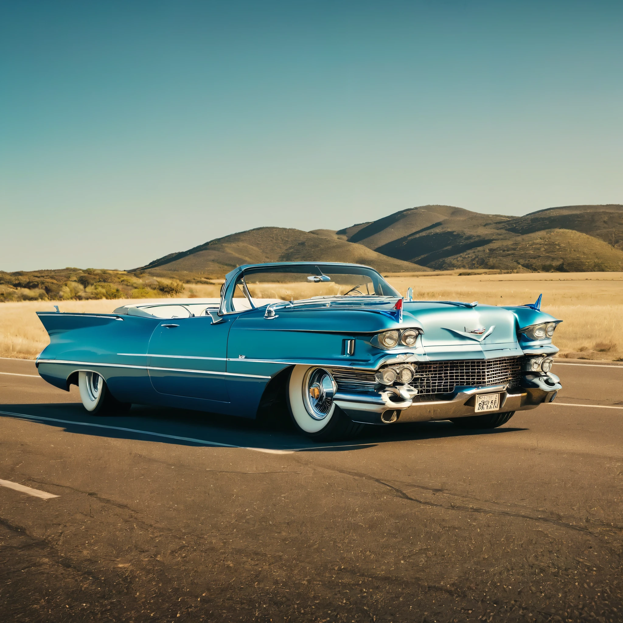 DIAGONAL image of A beautiful 18 year old girl driving inside a 1959 hot rod Cadillac Eldorado Biarritz convertible limousine, COR azul cromado METALICO reflexivo, metallic blue color, Estilo Hotrod , a pintura reflete a luz do sol forte, reflexo do brilho da luz na pintura, tem roda cor dourada estrela, rodas estrela esportivas grossas e ridiculously largas e viradas, RODAS DOURADAS E POLIDAS, paralama robusto e extendido para fora estilo hot rod, as rodas saem pelos paralamas, ridiculously lowered front suspension, dentro de uma garagem de metal com paredes pretas, ambiente privado, imagem em pose diagonal, obra prima, imagem inteira 
