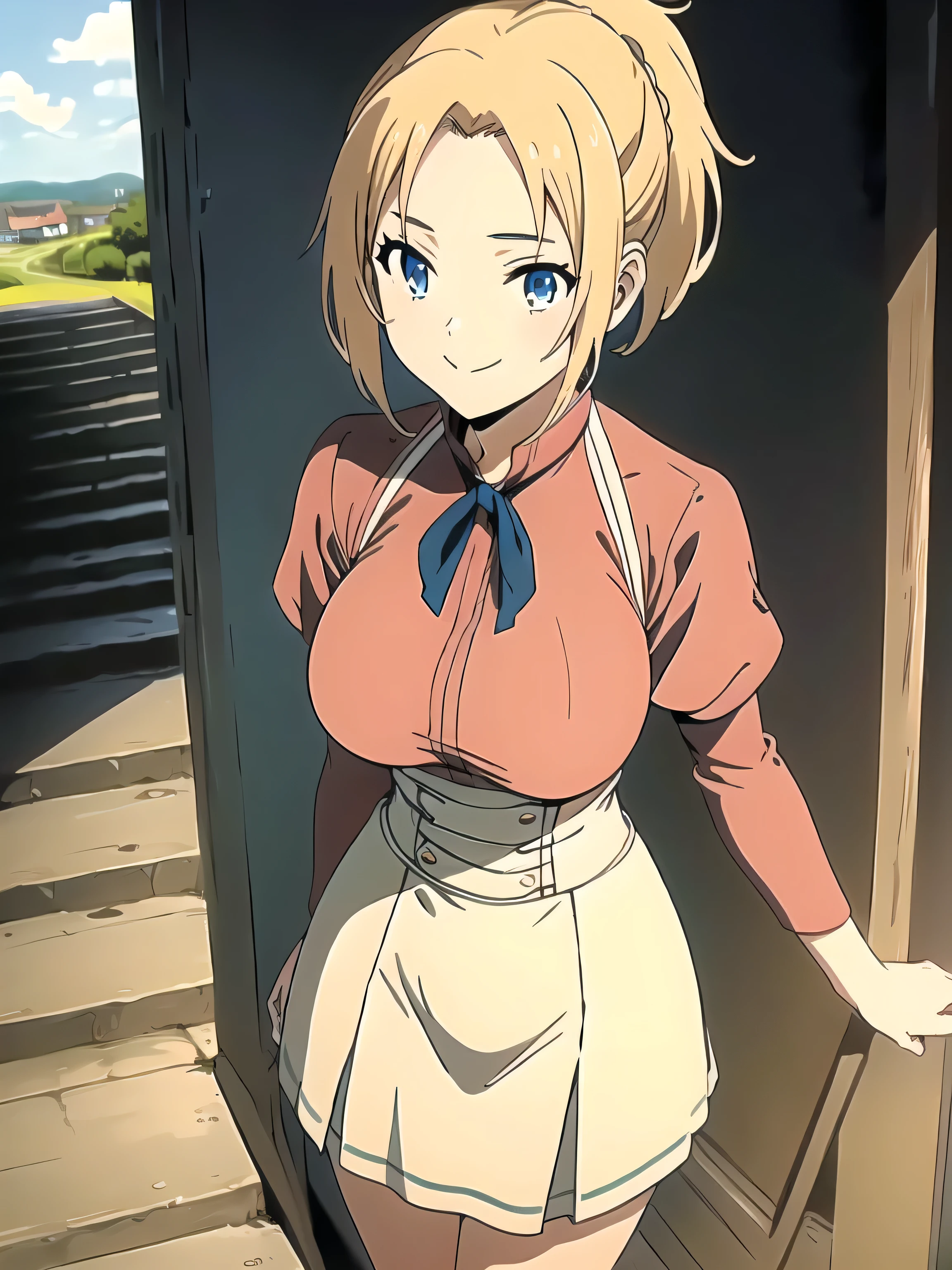 (masterpiece, high quality, vibrant colors:1.0, anime style, retro art style, clean brush strokes, highly detailed, perfect anatomy), 1 girl, alone, ((zenith)), (blonde hair, short hair, ponytail, parted bangs, hair blowing in the wind), (beautiful eyes detailed), blue eyes, smiling, cowboy shot, (huge breasts:1.5, (sailor suit, short sleeves)), slim waist:0.4, wide hips 1.1, (medium skirt:1.0, in school uniform), (sitting on stairs), looking at viewer, (sky, park, stairs on hill, shot from above,