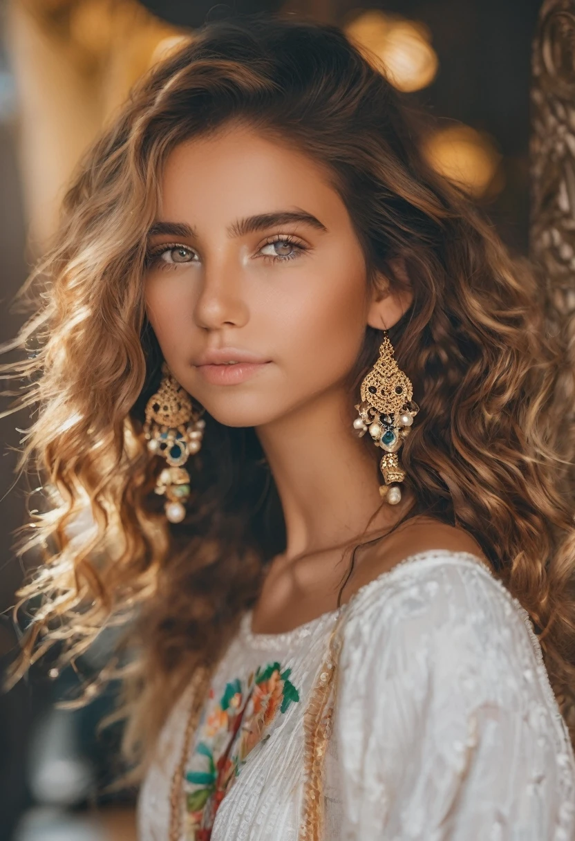 (obra maestra, 16k,8K,4k, ultra detallado:1.1),(hermoso rostro:1.1),(1adolescente:1.1),14 years old, cabello rubio largo y rizado que cae delicadamente sobre sus hombros, Ojos marrones vivos, Aspecto alegre, Viste de colores y usa accesorios exclusivos, como pulseras y aretes hechos a mano, inside a room with curtains on the windows and the sun shining