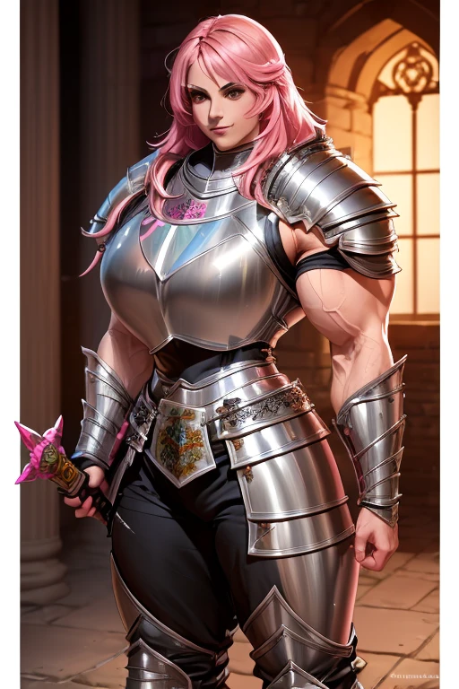 ((((Massive, tall, beautiful, buff, muscular light brown skinned female knight with shocking pink hair, black lipstick, ginormous bulky muscles, holding a sword and shield and wearing an all pink gleaming knight armor with hauberk and pants)))), {close view}, black eyeliner, massive muscles, massive biceps, hyper muscle triceps, (angled bob hair), red eyes, knight boots, In a castle, hauberk, pink steel knight armor, armor breastplate, nighttime, confident smile, hyper muscles arms, hyper muscle legs, ginormous arms