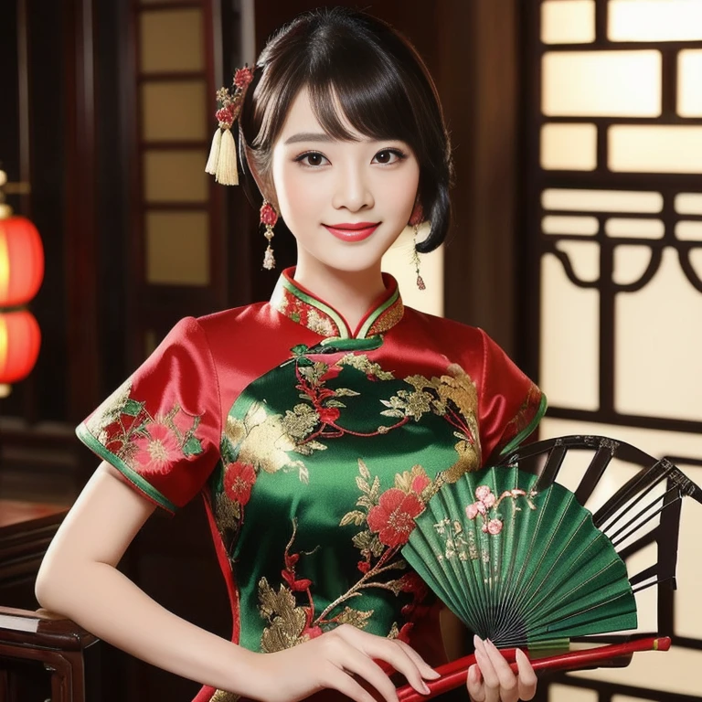 Asian woman in dark red dress expensive silk dress, holding a green fan, Cheongsam, Chinese dress, Chinese style, traditional chinese clothing, traditional chinese, Chinese dress, with ancient Chinese clothes, traditional beauty, with ancient Chinese aesthetics, สวมChinese dressโบราณ, Wear a luxurious silk dress., Chinese woman, Chinese girl, Hanfu, สวมชุดCheongsamสีน้ำเงิน ผ้าไหมราคาแพงมีเครื่องประดับครบชุด,