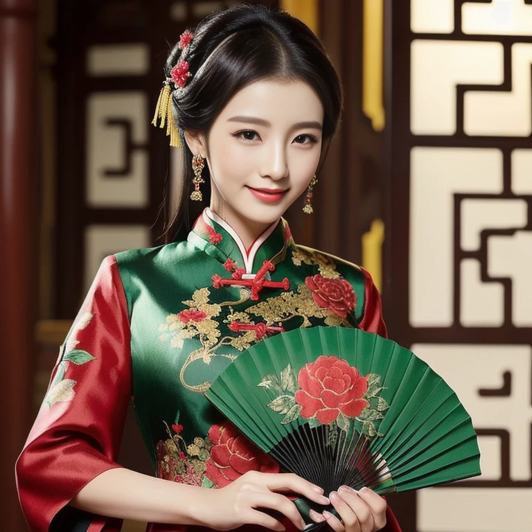 Asian woman in dark red dress expensive silk dress, holding a green fan, Cheongsam, Chinese dress, Chinese style, traditional chinese clothing, traditional chinese, Chinese dress, with ancient Chinese clothes, traditional beauty, with ancient Chinese aesthetics, สวมChinese dressโบราณ, Wear a luxurious silk dress., Chinese woman, Chinese girl, Hanfu, สวมชุดCheongsamสีน้ำเงิน ผ้าไหมราคาแพงมีเครื่องประดับครบชุด,