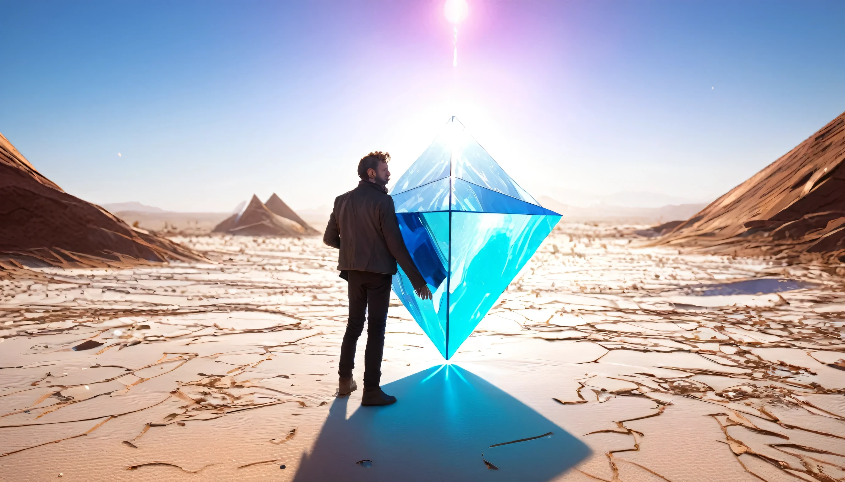 A man is standing in the desert holding a large object, Lots of glass. CGSociety, Magic crystals, Movie stills, Inspired by Louis-Mathieu Verdillan, Trance DJ album art, crack, triangle Debris, Cinematic Lens Flare, connection, [ Debris, 4 dimensions