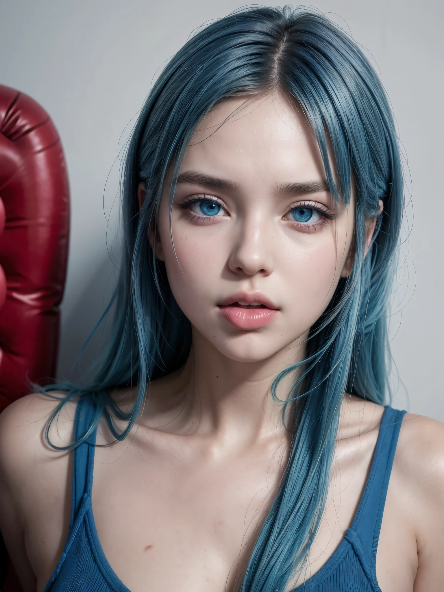 Hot girl, blue hair, blue eyes, sucking a lollipop