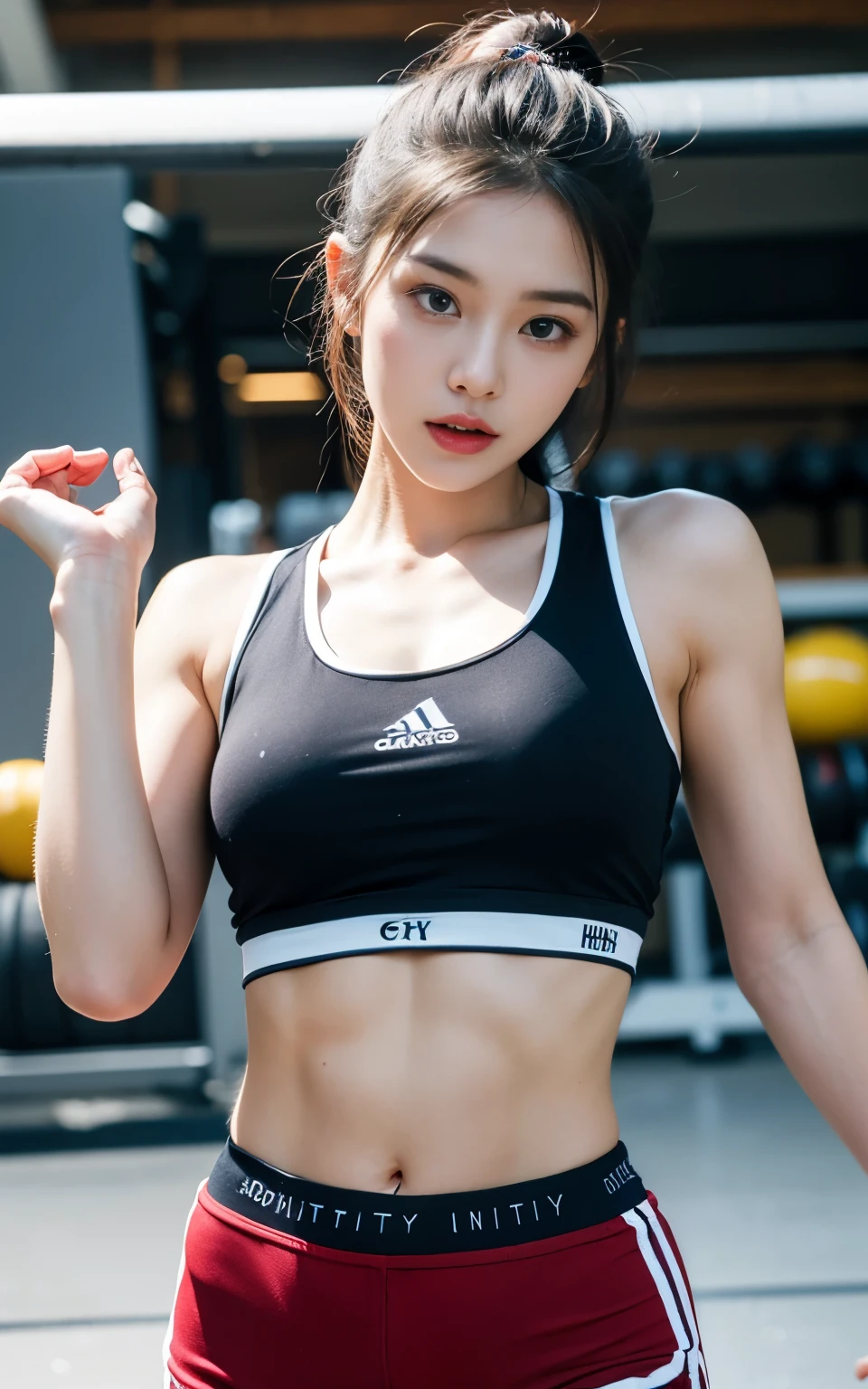 Highly detailed CG Unity 8k wallpaper, Top quality, Super detailed, masterpiece, Practical, photo Practical, Very detailed cute girl, 25 years old, muscle, Abdominal muscles, Round eyes, Viewer, blush, Open your mouth, Half-body shooting , Sportswear , Gym, 21 years old