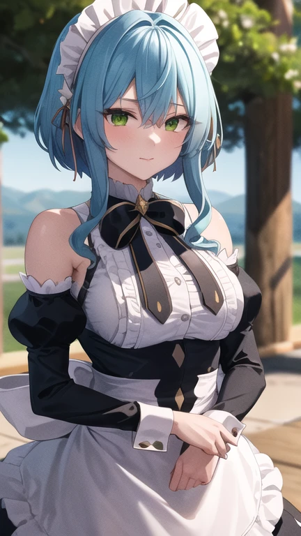 masterpiece, best quality, highres, Villhaze, short hair, maid headdress, green eyes, breasts, maid, black bowtie, bare shoulders, frills, dress, underbust, detached sleeves, long sleeves, maid apron, standing, cowboy shot, outdoors