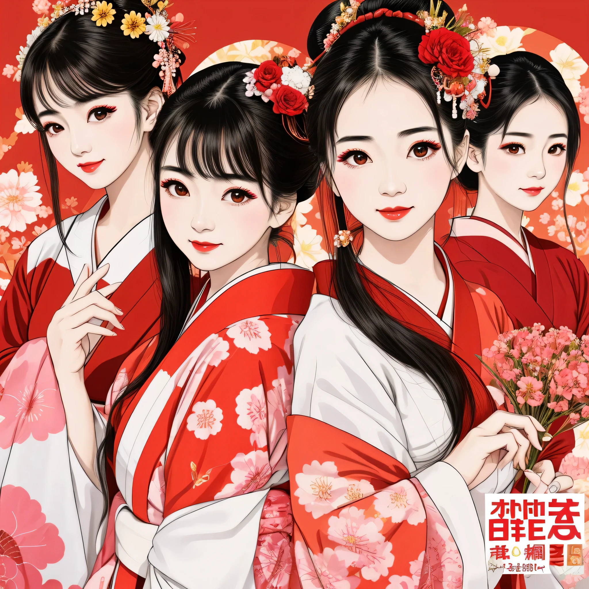 7 sisters, 7 girls with different faces and expressions, dancing gracefully, small faces, top quality, masterpieces, black hair, bun hair, wide angle, diagonally above the waist, magazine cover pose, 8K high resolution, Masterpiece, high resolution, realistic and beautiful light and shadow, top quality, high resolution, very delicate and beautiful, beautiful 8K face, smile and smile. Seven beautiful Japanese girls with eyes, transparent skin, soft hair, eight heads, Japanese style kimonos with red, pink and orange floral patterns on a white background, yukatas, small faces, thin and small noses, red lipstick , glossy skin, very thin eyebrows, overall super high resolution, Maiko-style makeup, fair skin, long and beautiful eyelashes, glossy skin, red cheeks, holding a flower hat prop in one hand, dance, Kasa Odori, Kasanihi Odori, Japan Dance, festival, movie poster style