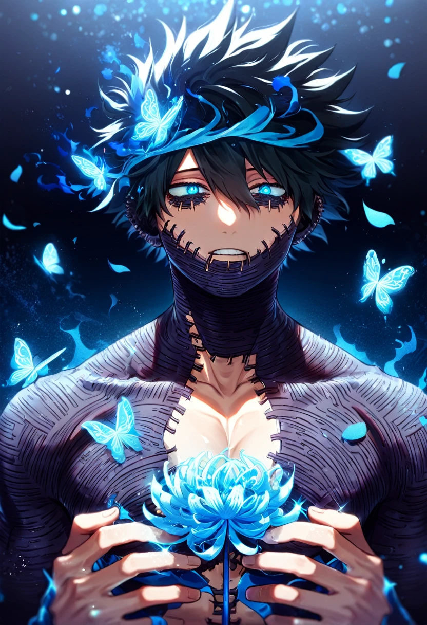 absurdres, highres, ultra detailed, HDR, master piece, best quality, Dabi, black hair spiked around his head, expressive turquoise eyes, Boku no hero academia, solo, sexy man, handsome, toned chest, black clothes, patterns, magical, fantasy, blue background, blue spider lilies, shining, blue petals, blue glittering butterflies, blue flames around him 