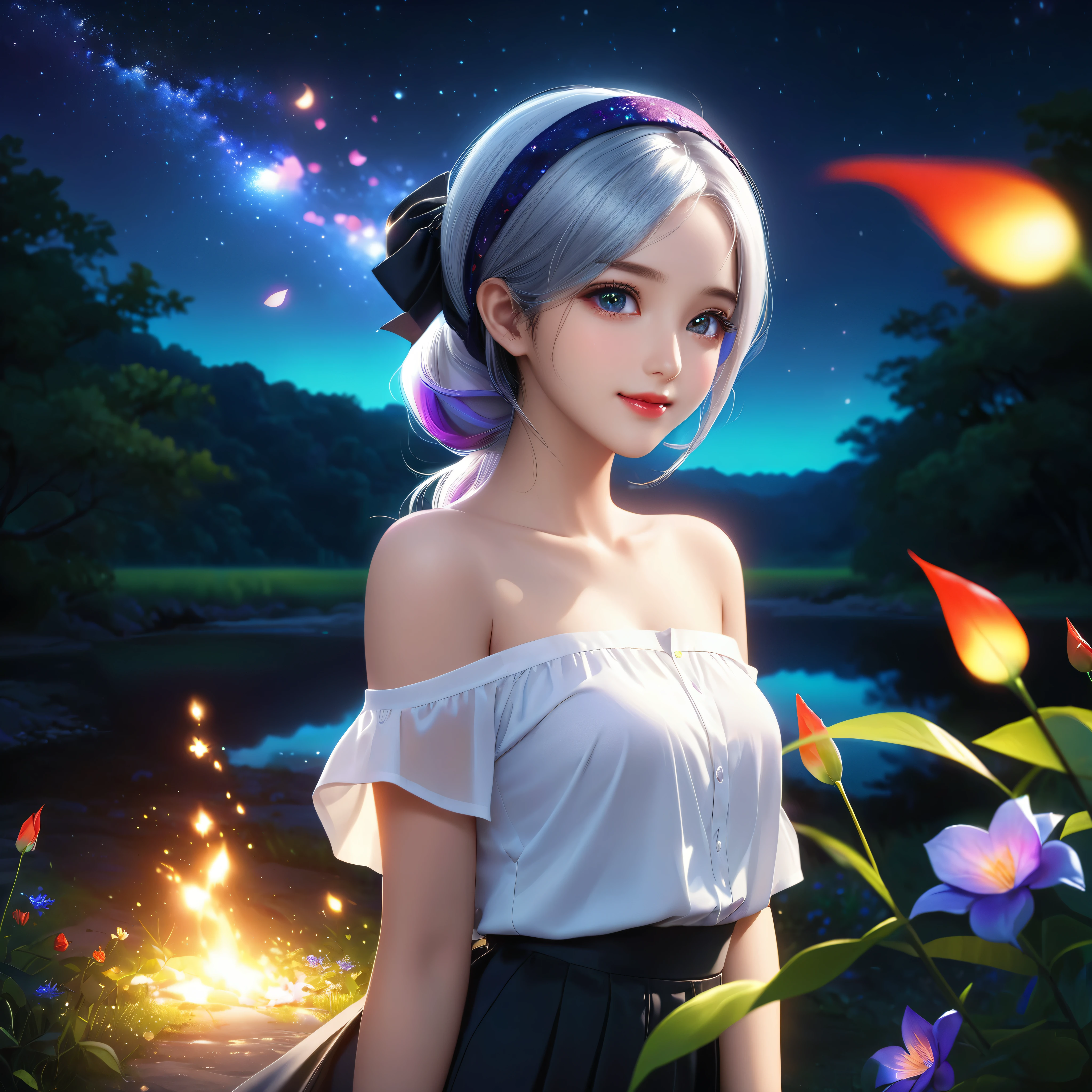 nebula starry_sky borealis night dark ambiant cinematic moonlight, white shirt, black skirt, light hair, semi-long hair, beautiful detailed girl, extremely detailed eyes and face, beautiful detailed eyes, shy, natural_lighting, glow,nsfw, clean sky, looking at viewer, outdoors, night sky, star (sky), loafers, black pantyhose, blue bowtie, straight hair, purple petals, purple and blue flowers, red pupil, ponytail, blue ribbon,white hair, thick_thighs, large breasts, red eyes,((lady:1.5)), ((FLAT CHEST:1.6)), (Happy smile), (((HIJAB MALAY GIRL))), masutepiece, ultra High quality, Realistic face, Realistic skin feeling , female  old matured lady, , Very cute and baby-like face, (((FLAT CHEST))), (Night time at forest), ((look In front at the camera and SADNESS)), (((WHITE FLUORESCENT))), (((CUTE GIRL))), ((LIGHT GREEN FLUORESCENT LIPS)), ((Floral Pattern)) little wearing strapless, strapless colorful, dark night background , black forest night, horror scary place, (from behind up) seductive pose invoke fire elemental flmngprsn summon flame ablaze embers hearth beholder bright epiceye embers --v 6 --s 1000 --c 20 --q 5 --chaos 100