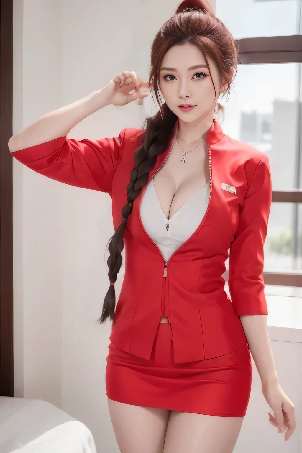 AirAsia red jacket uniform、Long hair down to the legs、Dark brown hair、Hair tied up、Tie your hair back in a ponytail、ponytail、Braid、Red rubber band、Luxury earrings、Captivating look、Blue Eyes、22 year old Asian female