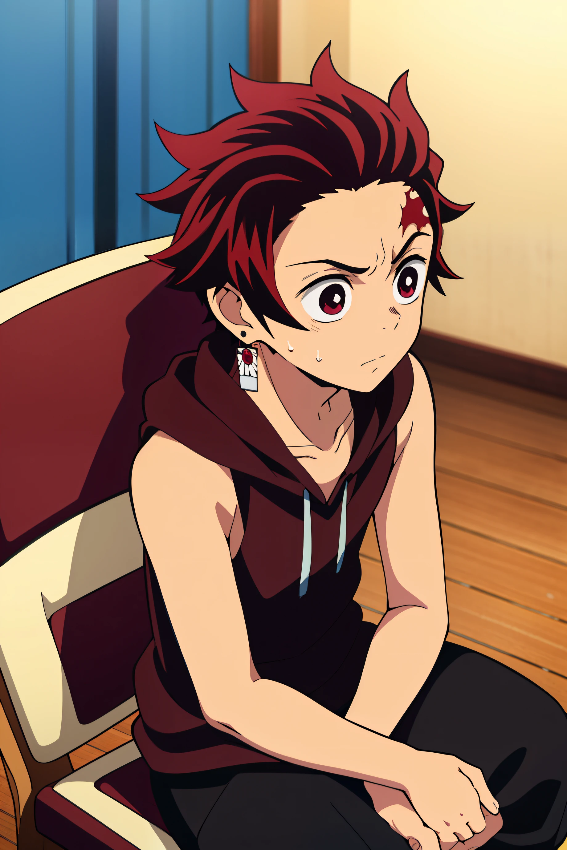 Highres, Masterpiece, Best quality at best,Best Quality,hight quality, hight detailed, Anime style, 1boy, Boy, Shota, Solo person, Tanjiro_kamado, Red hair, Demon slayer, Earring, Sleeveless hoodie, Sitting on chair, Collarbone, Slim body, Sweat, Body, Blurry beckground, Seen from the side, (very young boy), (very small and short body)