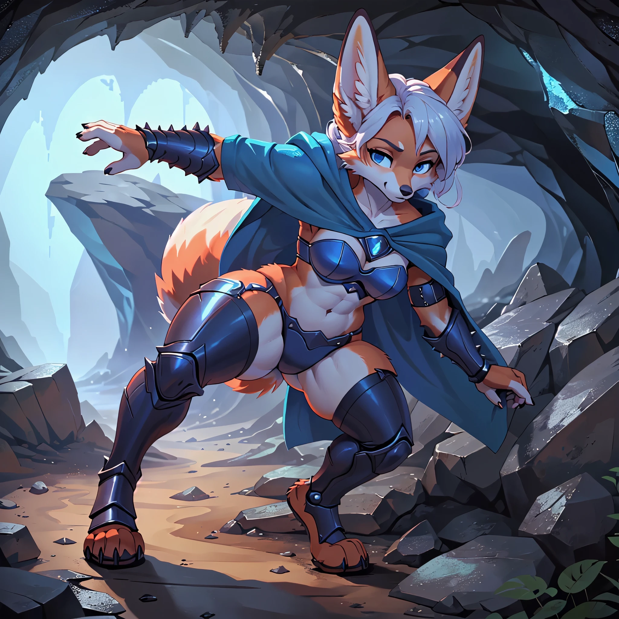 masterpiece, top quality, best quality, highly detailed, 8k, super high resolution, absurdres, perfect anatomy, ((highly detailed beautiful face and eyes)), solo focus, line of action, (red anthro fox), (adult), (((furry red fox body))), (fox snout, fennec fox ears, detailed red body fur), blue eyes, ((spiky white hair)), ((medium breasts, curvy figure, thick thighs, toned legs)), ((blue metal breastplate, leg armor, blue cloak, thigh highs)), ((action scene, fighting stance, speed lines)), (((dark cave)))