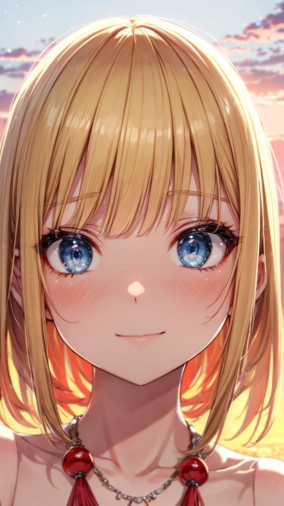 absurderes, ultra-detailliert,bright colour, extremely beautiful detailed anime face and eyes, view straight on, ;D, shiny_skin,25 years old, ,、Short hair, , asymmetrical bangs, Blonde hair with short twin tails, Shiny hair, Delicate beautiful face, red blush、(Deep Blue Eyes:1.3)、early evening、Lots of rice fields, lots of fields、Big sunset、Orange view、Small necklace、Completely naked
