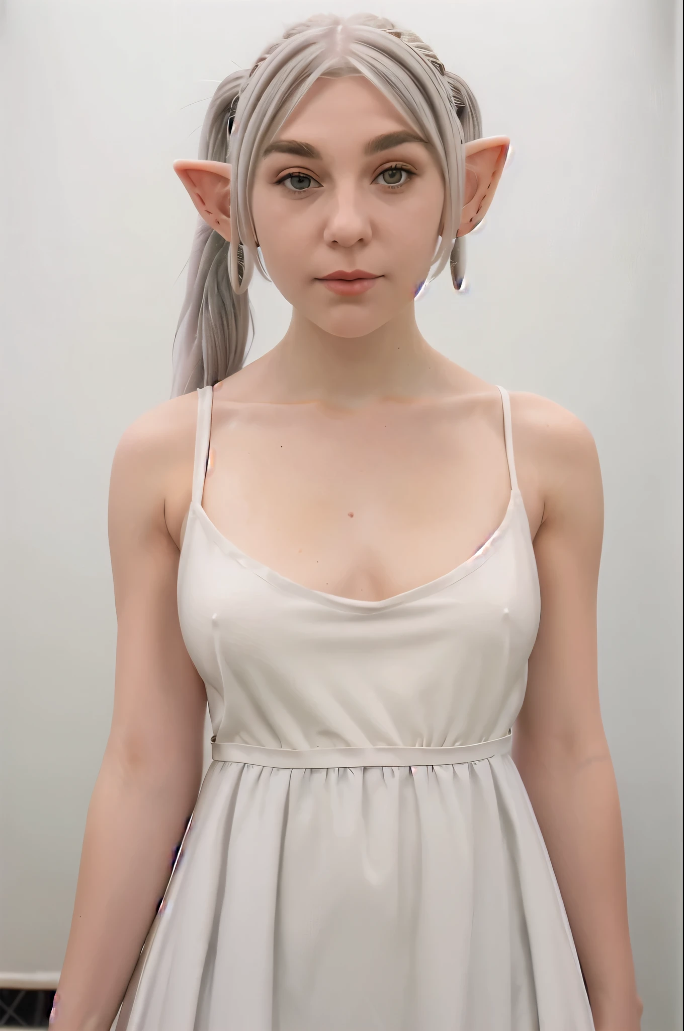 hehehe®,1girl,solo,elf,white hair,grey hair,earrisleeveless dress,white dress,sleeveless dress,bare shoulders,collarbone,ngs,pointy ears,long hair,ponytail,green eyes,twintails,parted bangs,thick eyebrows,nsfw,small breasts,cleavage,arms behind back,, 20yo,Young female,Beautiful Finger,Beautiful long legs,Beautiful body,Beautiful Nose,Beautiful character design, perfect eyes, perfect face,expressive eyes,
looking at viewer,
official art,extremely detailed CG unity 8k wallpaper, perfect lighting,Colorful, Bright_Front_face_Lighting,shiny skin, 
(masterpiece:1.0),(best_quality:1.0), ultra high res,4K,ultra-detailed,
photography, 8K, HDR, highres, absurdres:1.2, Kodak portra 400, film grain, blurry background, bokeh:1.2, lens flare, (vibrant_color:1.2), (beautiful_face:1.5),(narrow_waist), ,NSFW,, Exquisite visuals, high-definition,masterpiece,best quality,