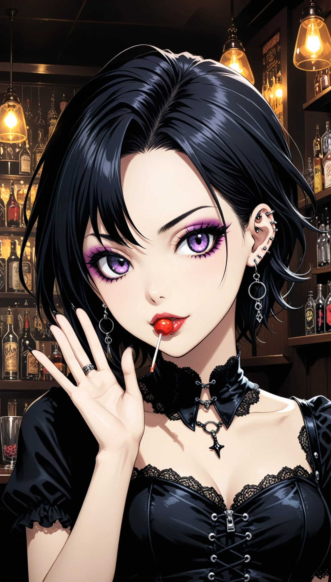 (in style of Takeshi Obata:0.9),(in style of Jillian Tamaki:0.9),
bar background,1 girl,gothic style,bonklers,lollipop candy into the mouth,close-up,(:d:1.4),(arm_around_waist:1.3),(waving:1.3),portrait,squinting,gothic girl with heavy makeup,(ear piercing:1.5),