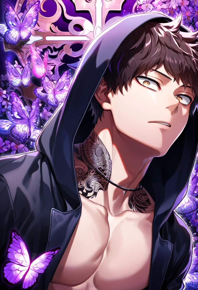 Ultra detailed, Highres, absurdres, HDR, Chisaki Kai, Overhaul, dark brown hair, short hair, expressive golden eyes, black coat with patterns with a hoddie, Boku No Hero Academia, purple flowers, petals, handsome, sexy man, solo, very detailed eyes and face, glittering purple butterflies, master piece, toned chest, glittering, fantasy, cross, tattoo on his neck, purple background, best quality