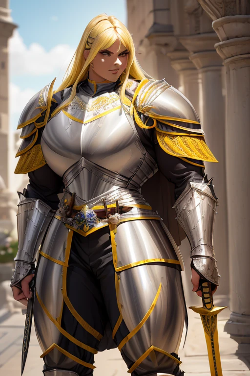 ((((Massive, tall, beautiful, buff, muscular light brown skinned female knight with yellow hair, black lipstick, ginormous bulky muscles, holding a sword and shield and wearing an all yellow gleaming knight armor with hauberk and pants)))), {close view}, black eyeliner, massive muscles, massive biceps, hyper muscle triceps, (long flowing hair), gray eyes, knight boots, In a castle, hauberk, yellow steel knight armor, armor breastplate, nighttime, confident smile, hyper muscles arms, hyper muscle legs, ginormous arms