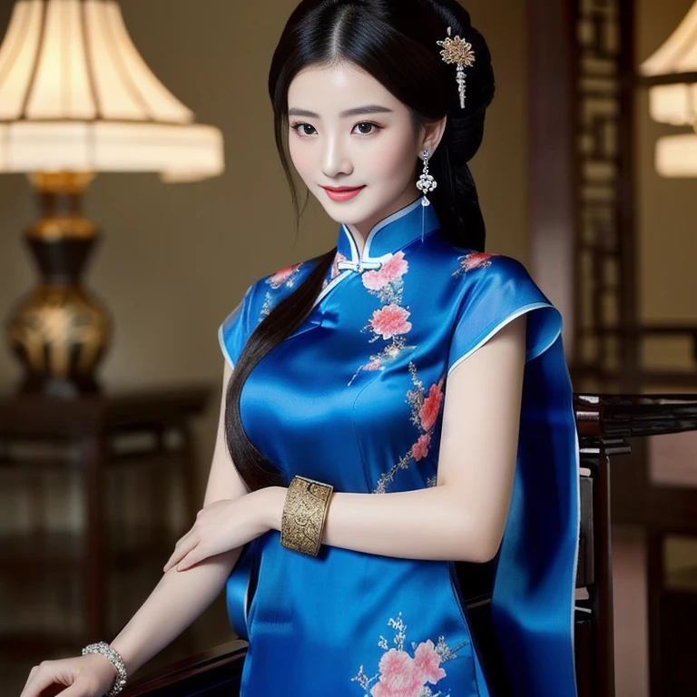 Close-up of a woman in a blue dress posing for a photo., สวมชุดCheongsamสีน้ำเงิน, Cheongsam, ในชุดCheongsamสีน้ำเงิน, Chinese dress, traditional chinese clothing, traditional chinese, Chinese style, Chinese dress, with ancient Chinese clothes, Chinese woman, blue silk dress, with ancient Chinese aesthetics, Woman with glowing flower dress, Silk dress, luxurious and expensive, Hair pins, hair pins, bracelets, beautiful and luxurious, realistically,