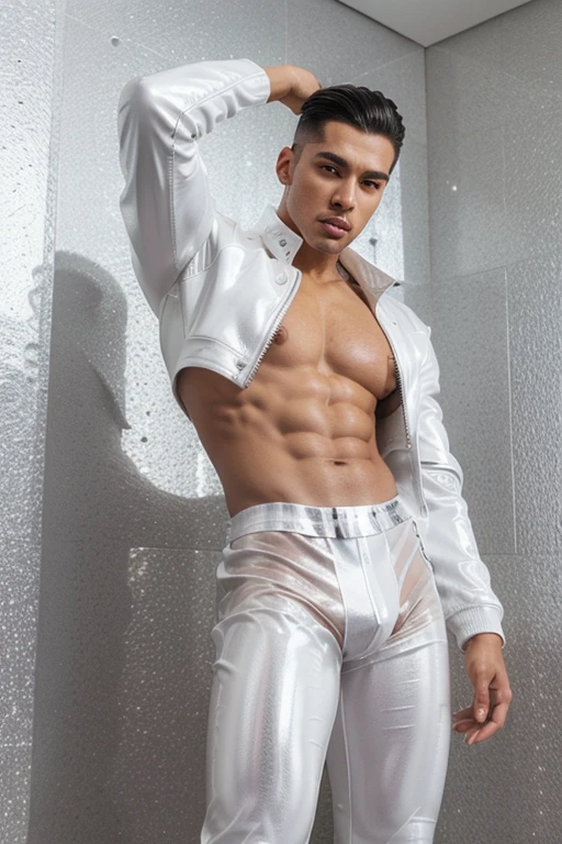 Handsome Latin Man Glamor Modern Fashion Fashion Shiny Stones Rhinestone White Clothing Metallic Leather Athletic Jacket Sexy Pop Star White Chest Transparent Metal Silver and White Leather. Virilia penis volume marked on pants. Quarto preto com pouca luz. With underwear white leather underwear high volume virilia marked penis. Quarto escuro com pouca luz