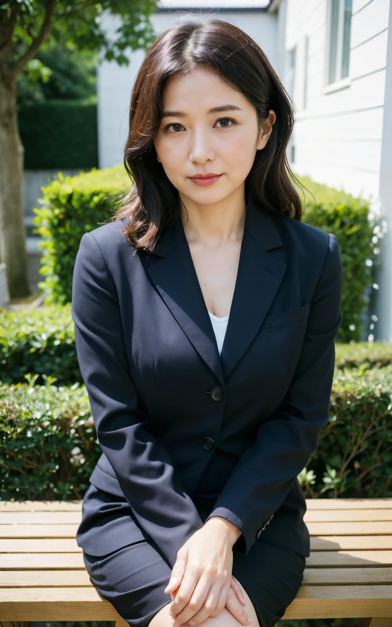 ((Best Quality, 8k, Masterpiece: 1.3)), Photorealistic, Sharp Focus, High Quality, High Definition, Portrait, Solo, Japan, Middle Aged Woman, Beauty, 43 years old, Plump, Wavy Hair, Business suit, Wrinkles at the corners of the eyes, Open legs, Narrow backyard, Lots of boxes, Lots of files, Dark background