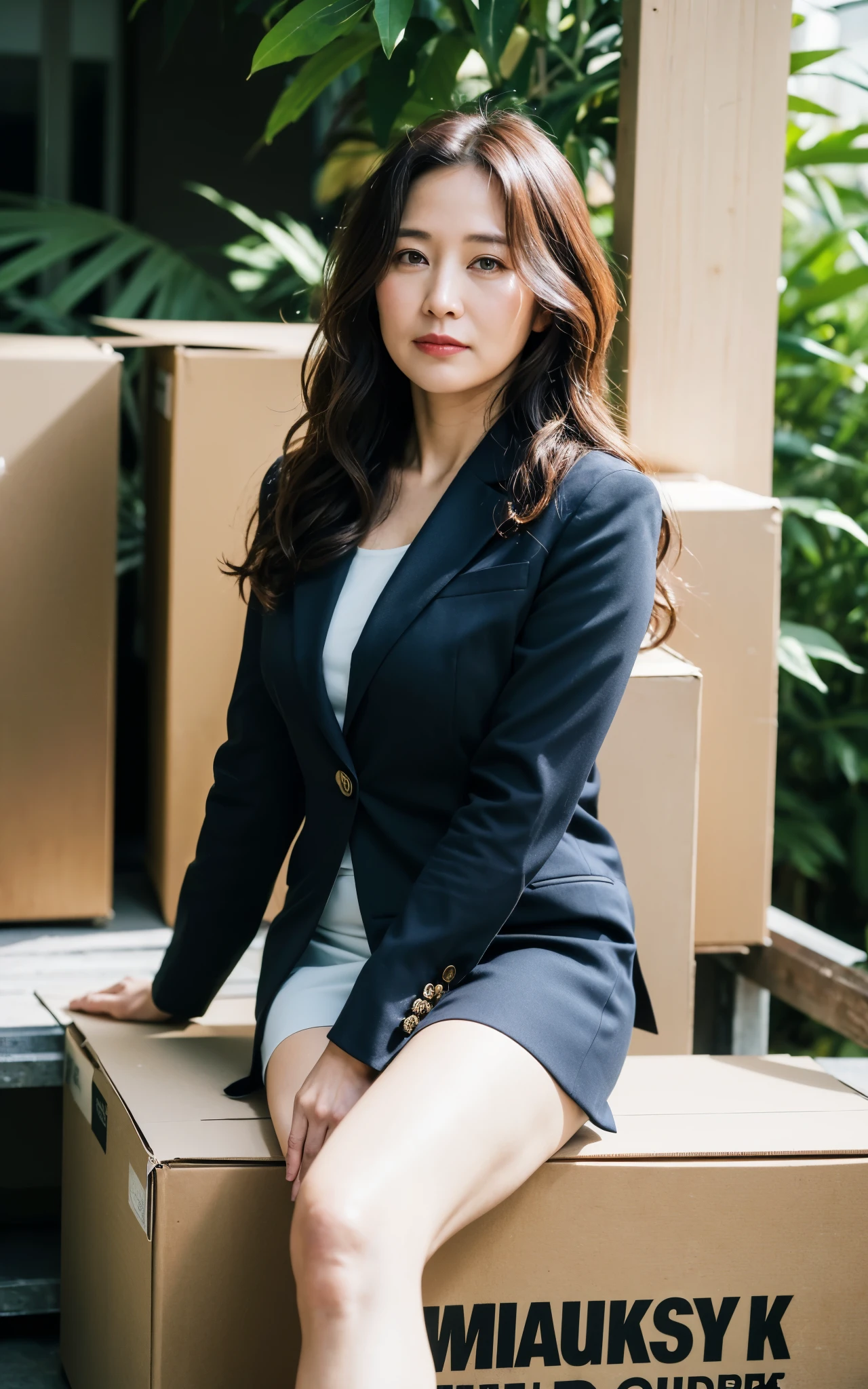 ((Best Quality, 8k, Masterpiece: 1.3)), Photorealistic, Sharp Focus, High Quality, High Definition, Portrait, Solo, Japan, Middle Aged Woman, Beauty, 43 years old, Plump, Wavy Hair, Business suit, Wrinkles at the corners of the eyes,  Open legs, Narrow backyard, Lots of boxes, Lots of files, Dark background