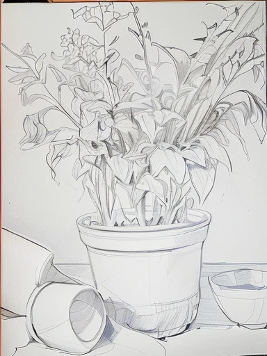 drawing of a potted plant with a spoon and a bowl, outline drawing, outline sketch, contour drawing, realistic line drawing, line drawing, drawn on white parchment paper, line-drawing, ink outlines, outlined art, accurately drawn details, highly detailed sketch, outline art, detailed line drawing, coloring book outline, highly detailed drawing, sketch black and white colors