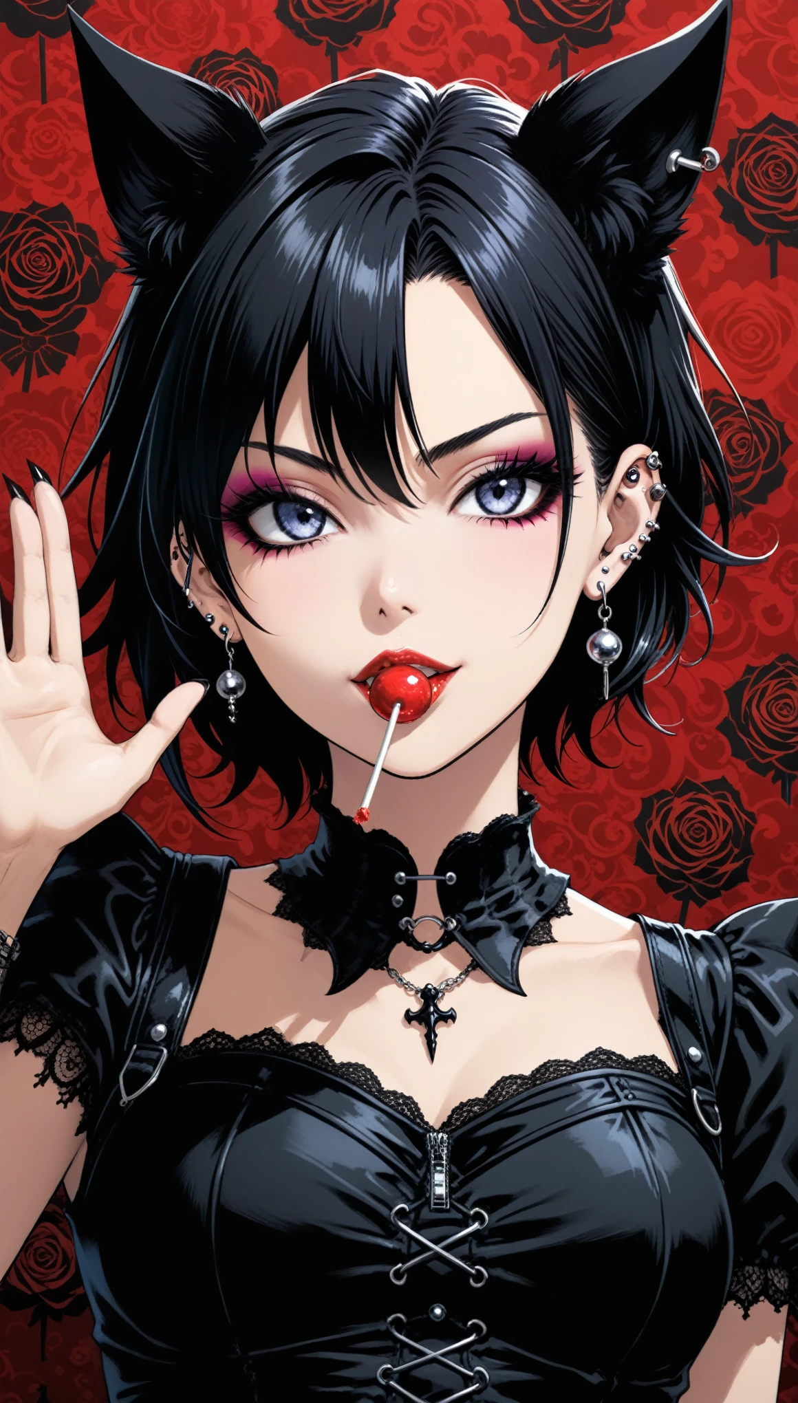 (in style of Takeshi Obata:0.9),(in style of Jillian Tamaki:0.9),
bar background,1 girl,gothic style,bonklers,lollipop candy into the mouth,close-up,(:d:1.4),(arm_around_waist:1.3),(waving:1.3),portrait,squinting,gothic girl with heavy makeup,(ear piercing:1.5),