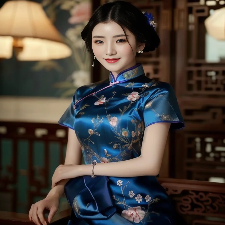 Close-up of a woman in a blue dress posing for a photo., สวมชุดCheongsamสีน้ำเงิน, Cheongsam, ในชุดCheongsamสีน้ำเงิน, Chinese dress, traditional chinese clothing, traditional chinese, Chinese style, Chinese dress, with ancient Chinese clothes, Chinese woman, blue silk dress, with ancient Chinese aesthetics, Woman with glowing flower dress, Silk dress, luxurious and expensive, Hair pins, hair pins, bracelets, beautiful and luxurious, realistically,