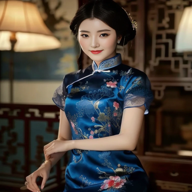 Close-up of a woman in a blue dress posing for a photo., สวมชุดCheongsamสีน้ำเงิน, Cheongsam, ในชุดCheongsamสีน้ำเงิน, Chinese dress, traditional chinese clothing, traditional chinese, Chinese style, Chinese dress, with ancient Chinese clothes, Chinese woman, blue silk dress, with ancient Chinese aesthetics, Woman with glowing flower dress, Silk dress, luxurious and expensive, Hair pins, hair pins, bracelets, beautiful and luxurious, realistically,