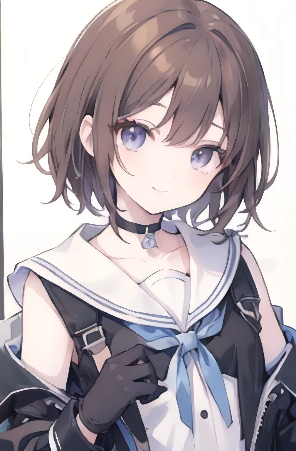 1girl, anime_coloring, black_eyes, black_gloves, brown_hair, choker, short_hair, smile, solo, style_parody,