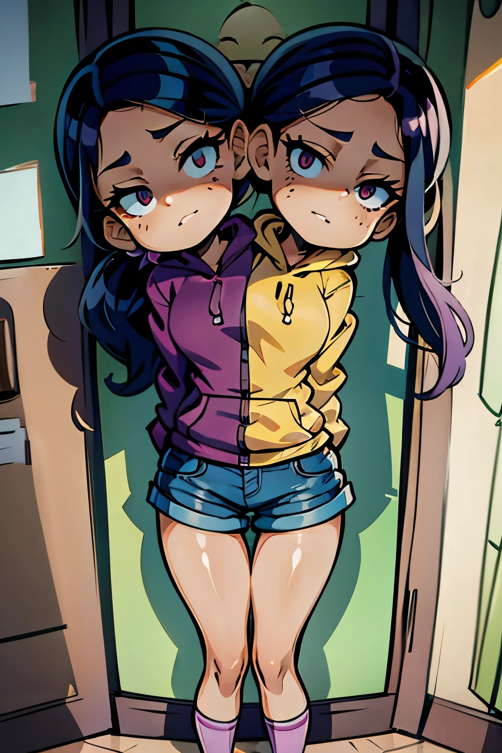 conjoined, 2heads, girl with two heads instead of one, 2head, cuerpo curvilineo, brazos curvilineos, usando shorts, ropa abrigada, piernas curvilineas, anime cartoon, using a purple hoodie, each head has a ponytail, anatomia proporcionada, torso ancho, pechos medianos

